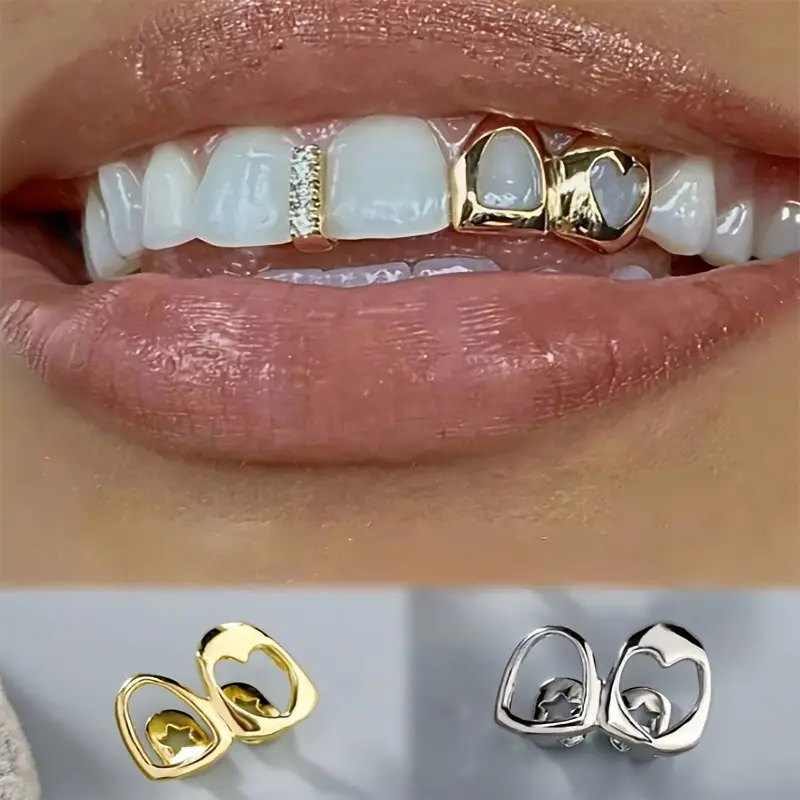 Hip-Hop Gold Grillz for Women - Double Heart Hollow-Out Design, Perfect for Festivals & Couples Gift.Trendy Oral Jewelry