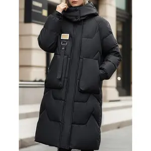Women's Casual Long Hooded Jacket - Thick, Warm Puffer Coat with Pockets Fall/Winter, Machine Washable Collar Womenswear Tops Outerwear Black