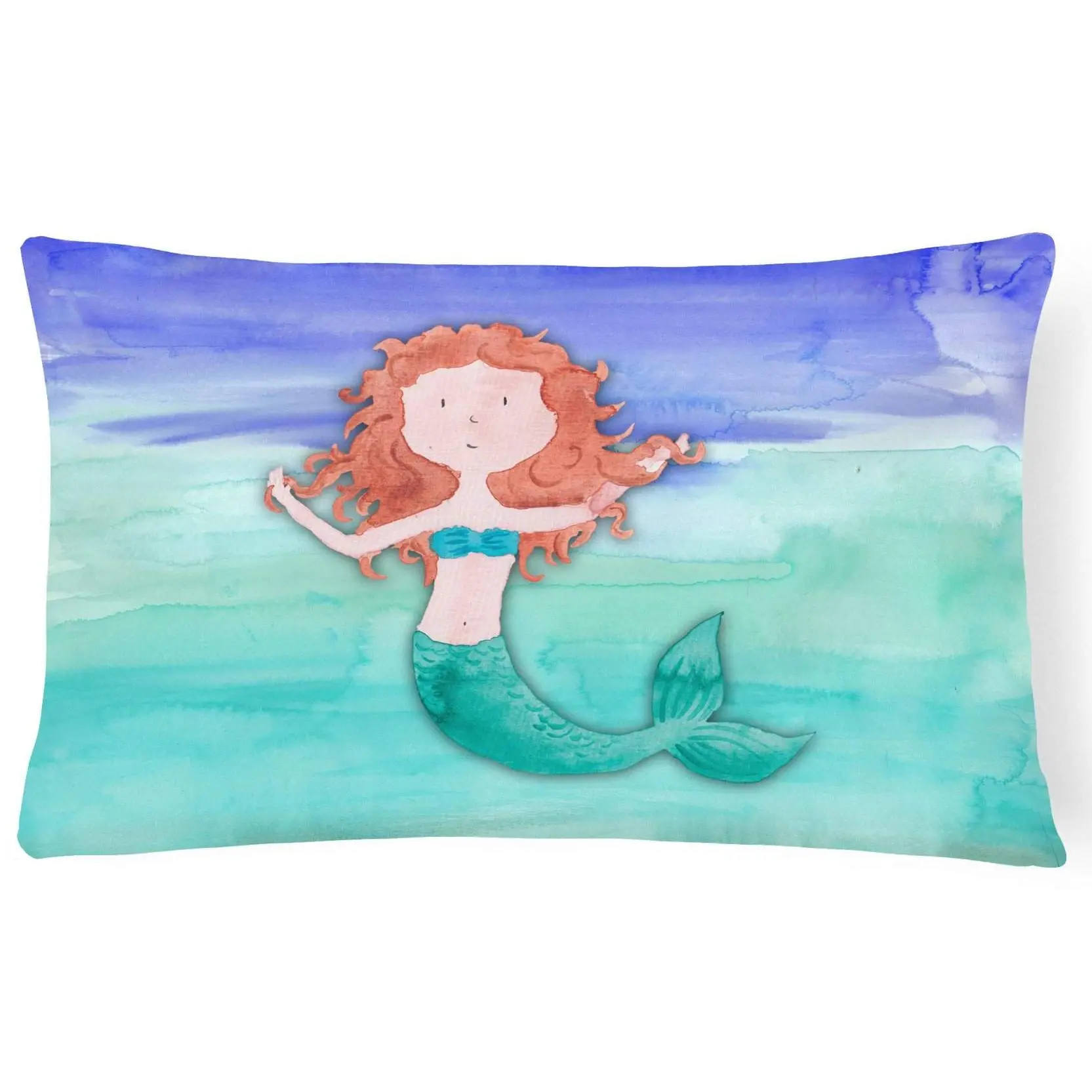 Decorative Mermaid Pillow - Ginger Watercolor Polyester Cushion, 12x16in Water-Resistant Textile with Artistic Look, Colorfast Dyes, Superior Local Craftsmanship for Patio/Veranda, Model BB7421PW1216, Polyester Fabric
