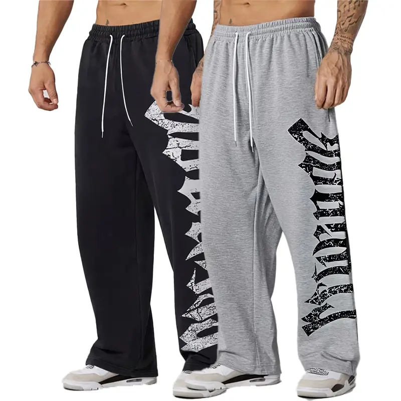 Men's 2-Pack Gothic Letter-Print Wide-Leg Athletic Pants - Elastic Drawstring, Loose Straight-Cut, Street-Style Hip-Hop Casual Long Pants for Workouts, Jogging