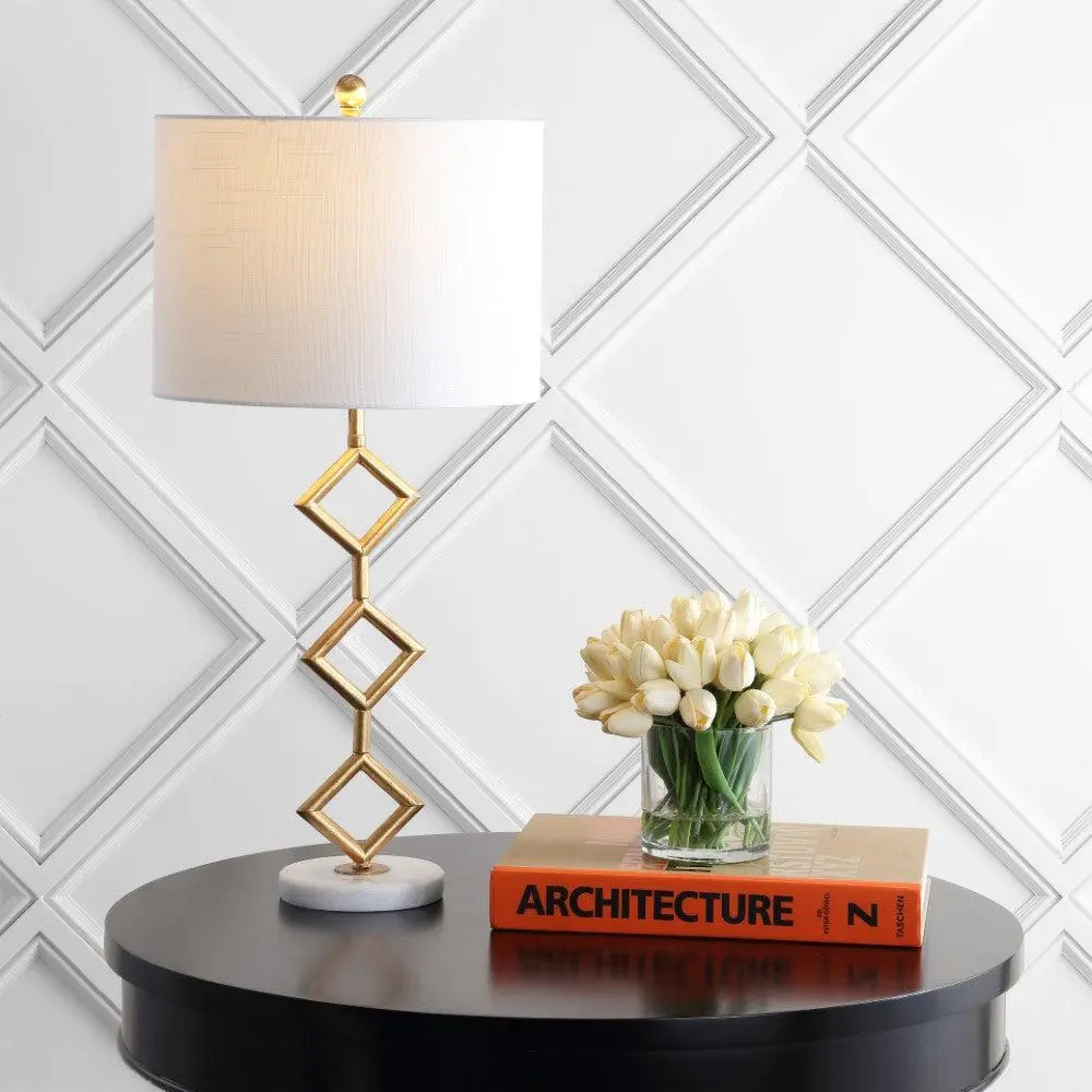 JONATHAN Y Diamante Modern Gilt Metal LED Table Lamp with Marble Base, Rotary Switch, 100W Type A OK, Home Decor Light for Bedroom, Living Room Tables, Marble Elegance Indoor Lighting