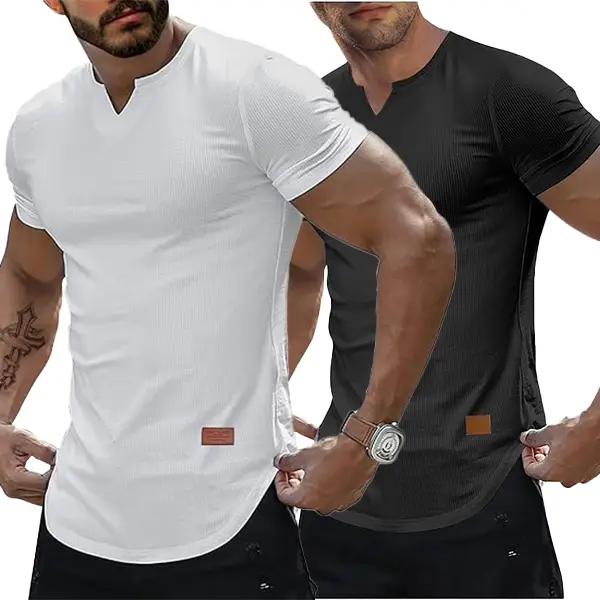 ELENCOCO Set of 2 Men's Plain Muscle Slim V-Neck Short Sleeve T-Shirt for Daily Outdoor Wear, Casual Athletic Wear, and Gym Workout Outdoorfun，Father'
