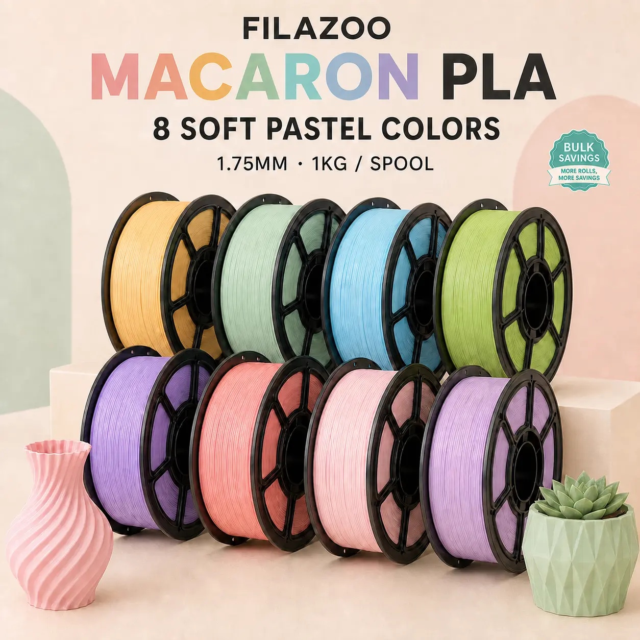 FILAZOO Macaron Color PLA 3D Printer Filament, 1.75mm, 1kg Spool, 8 Soft Pastel Colors for FDM Printers