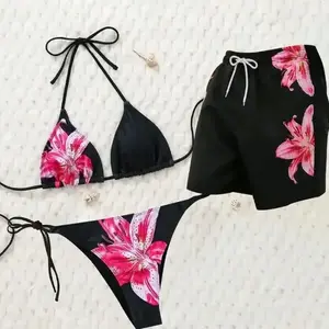 Couples Matching Vacation Swimwear Set - Men's Floral Beach Shorts, Women's Sexy Contrasting Color Bikini & Surf Swimsuit