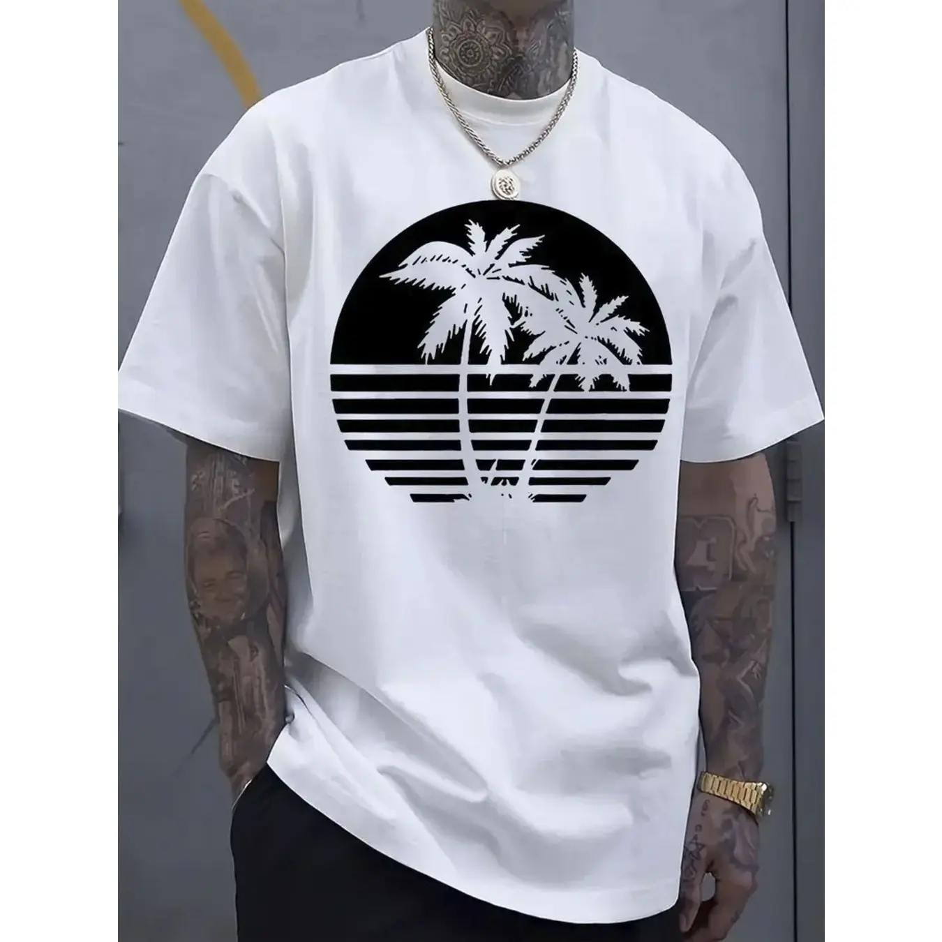 Men'S Navy Blue Coconut Tree Pattern Pure Cotton T-Shirt, Casual Round Neck Short Sleeved T-Shirt, Striped Sunset Design #   Mother's Day Gift #   streetwear tees #   Printed T-shirt