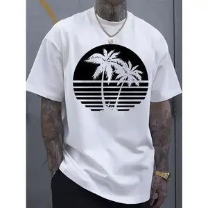Men'S Navy Blue Coconut Tree Pattern Pure Cotton T-Shirt, Casual Round Neck Short Sleeved T-Shirt, Striped Sunset Design
