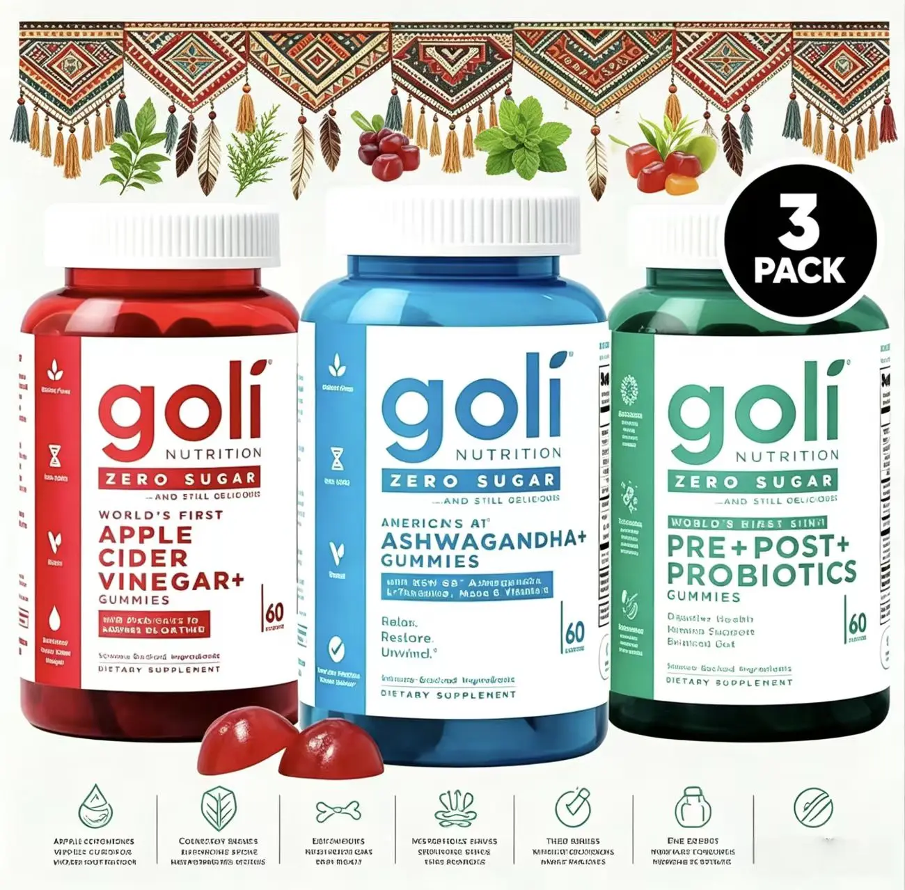 Goli Zero Sugar 3 Pack Gummies Bundle | Apple Cider Vinegar, Ashwagandha, Pre+Post Probiotics, Gut Digestion