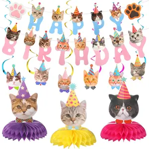 16 Pcs Cat Theme Birthday Party Decorations Party Supplies Kit, Includes Cat Party Banner With 6 Hanging Cutouts 6 Hanging Swirl Decor And 3 Birthday Honeycomb Party Decoration(Cute Style)