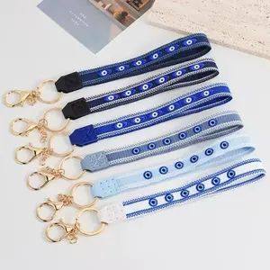 Evil Eye Blue Woven Wristlet Keychains with Luxe Gold Hardware and Sturdy Clasp for Keys Cards or Charms