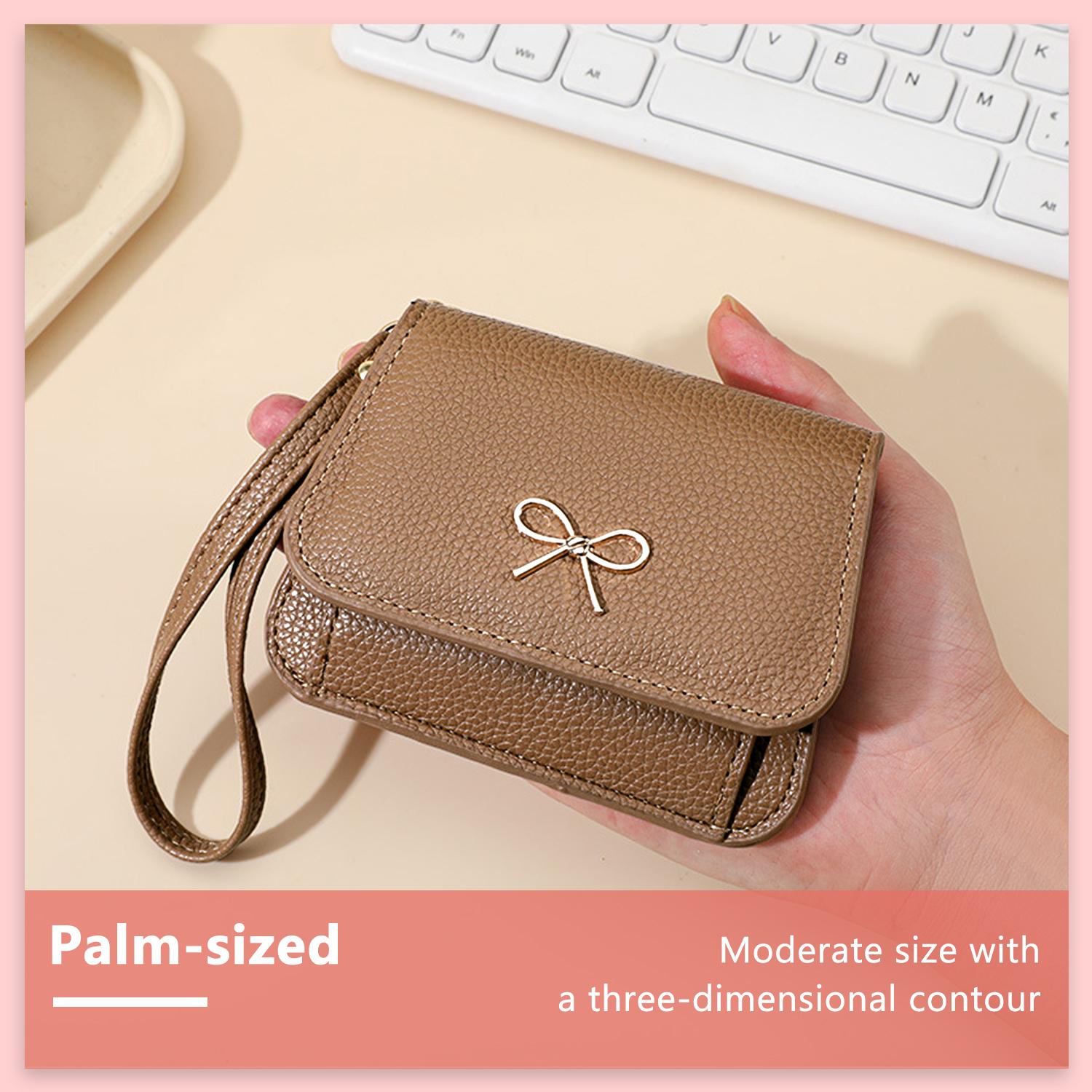 Women's Hand-Sized Casual Chic Foldable Tri-Fold Wallet with Wrist Strap, ID Window, Cash Compartment, Rear Zipper Coin Pocket, Multi-Function Bow Accent,back to school,back to school haul