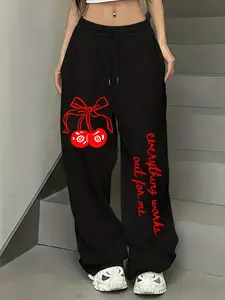 Cherry Bow Graphic Wide Leg Sweatpants, American Sweet Cool Style Casual Sports Pants for Winter, Fitted Fit Comfortable Lounge Wear, Drawstring Waist Athleisure, Sports Bottoms