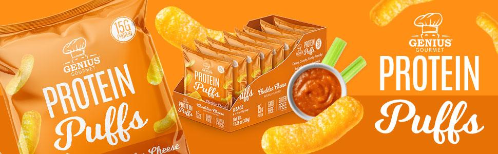 Genius Gourmet Protein Puffs - Cheddar Cheese Puff High Protein Snacks for Adults & Kids - 8 Ct Zero Added Sugar, Gluten Free & GMO Free - On the Go Cheesy Savory Snacks