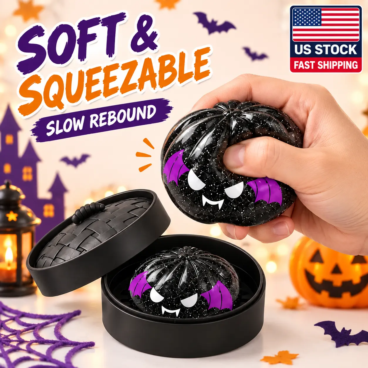 New 1PCS Rare Halloween Black Bat Glitter Dumpling Squishy Toy, Satisfying & Stress Relief Slow-Rise Sensory Fidget Squeeze Toy with Steamer Case, Spooky Season Desk Buddy, Cute Vampire Collectible, Halloween Haul Find, Basket Stuffer, Party Favor Gift,