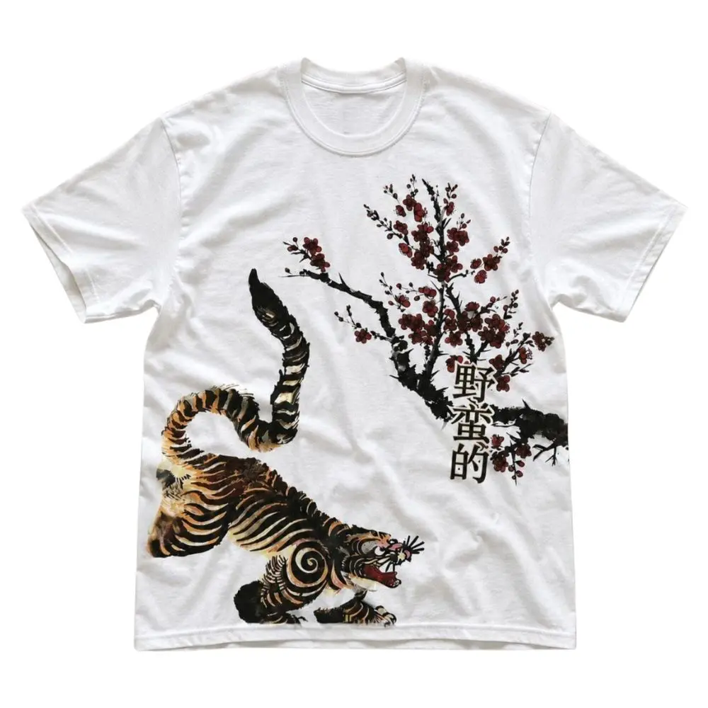 Japanese Tiger Blossom Graphic T-Shirt, Sakura Tiger Art Tee, Oriental Nature Shirt, Vintage Aesthetic Gift, Nature Lover Gift, Crew Neck Shirt, Trending Shirt