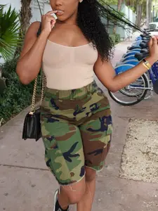 Loose Straight Leg Pants with Multiple Pockets, Street Style City Walk Outdoor Casual Vintage Camo Workwear Mid-Thigh Jeans