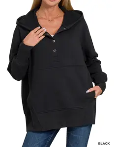 Zenana - HALF BUTTON HOODED PULLOVER WITH KANGAROO POCKET