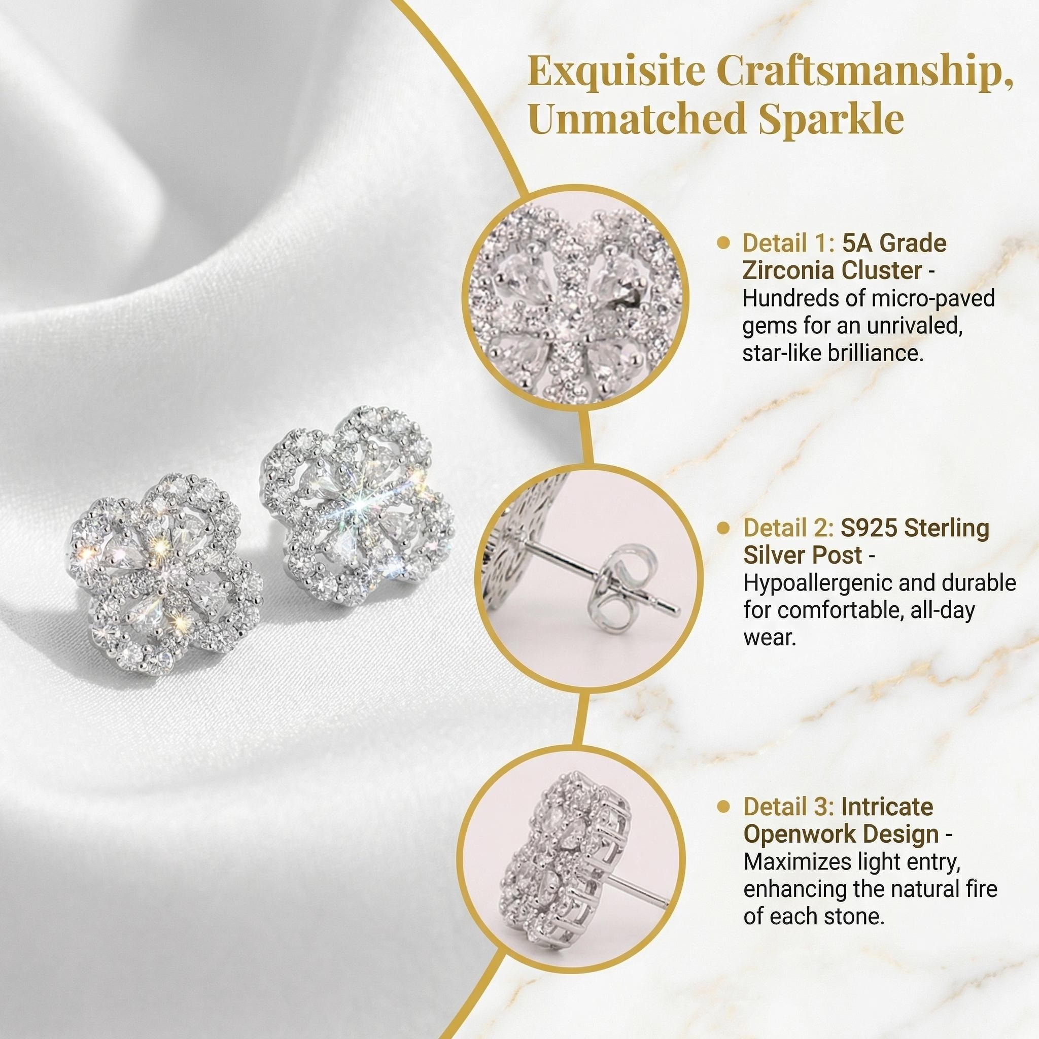 2 Pairs Hypoallergenic CZ Stud Earrings Set, Fade-Resistant Flower & Round Halo Earrings for Bridal Wedding, Prom, Daily Wear