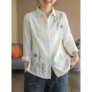 2025  Cotton Top, Simple Artistic Women's Long Sleeved Shirt, Loose And Versatile ral Embroidery Shirt Collar Fabric