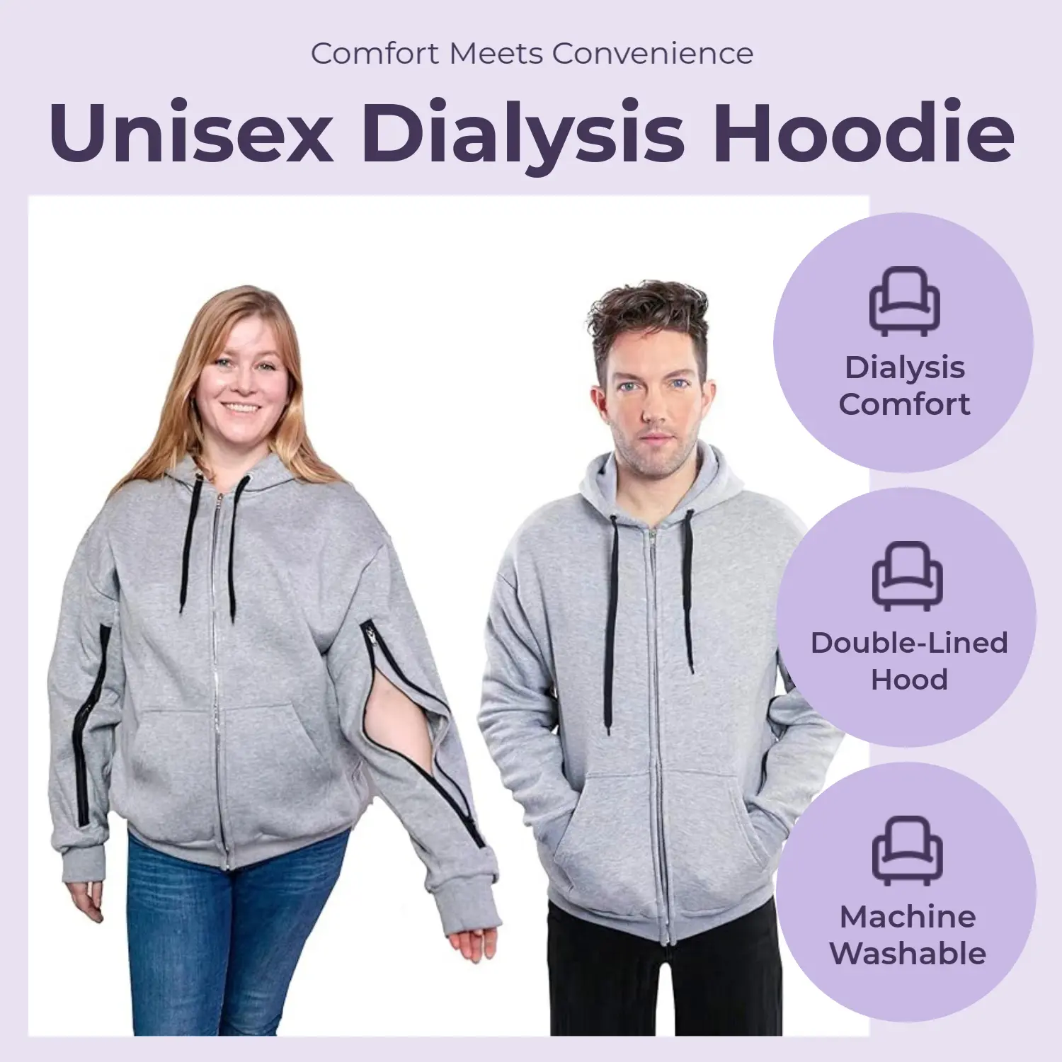 Dialysis Unisex IV Access Fleece Hoodie with Two Way Arm Zippers