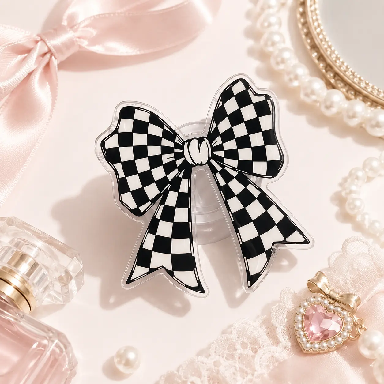 Checkerboard Ribbon Bow 2D Acrylic Phone Grip Retractable Expanding Stand Bracket Holder For Smartphone Back Case