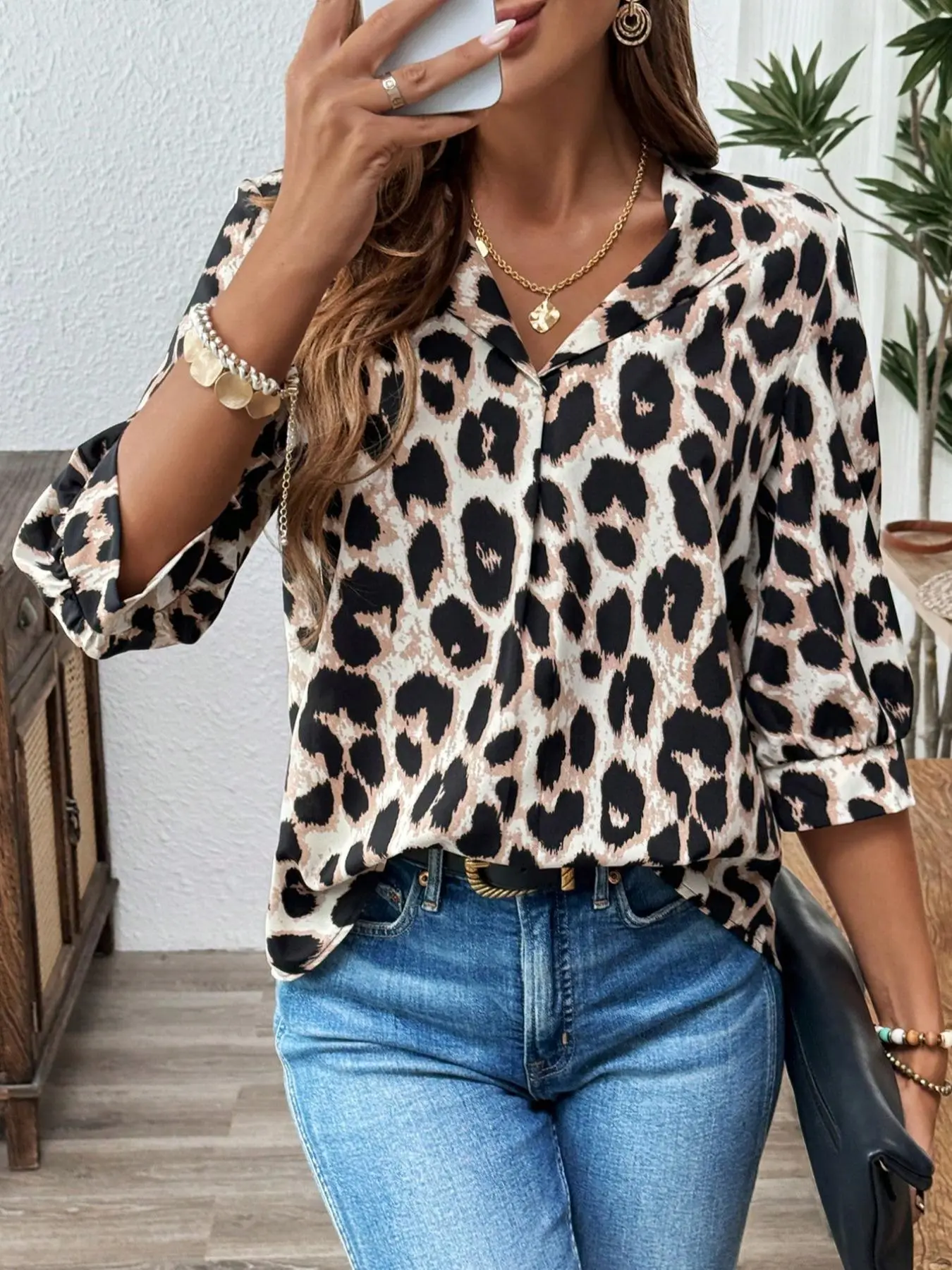 Women's Leopard Print Lapel Neck Blouse, Casual Blouses, Casual 3/4 Sleeve Top for Business Office Work, Ladies Clothes for All Seasons, Blouses Shirts Tops
