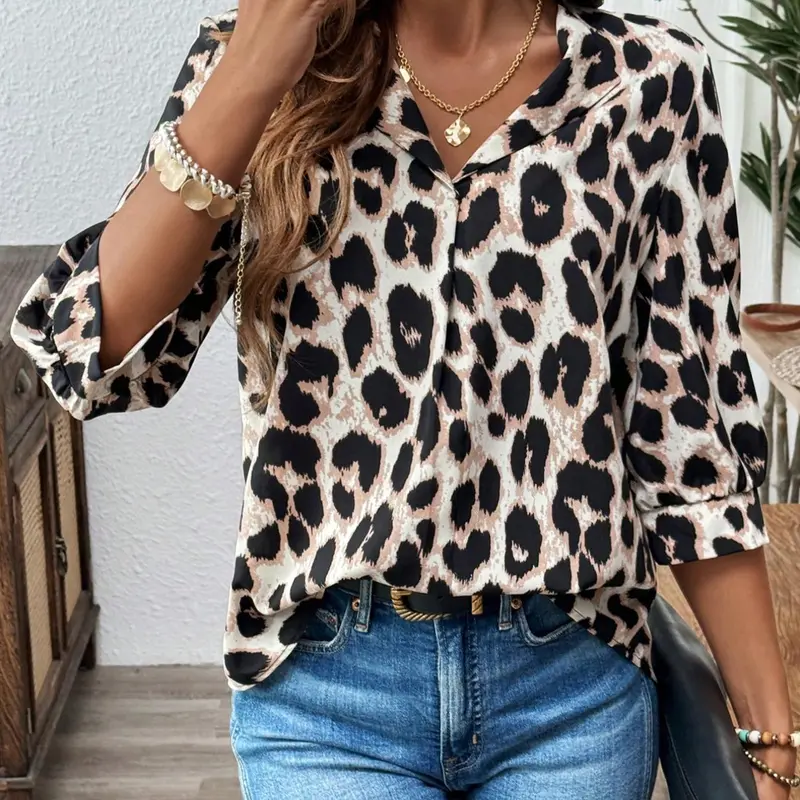 Women's Leopard Print Lapel Neck Blouse, Casual Blouses, Casual 3/4 Sleeve Top for Business Office Work, Ladies Clothes for All Seasons, Blouses Shirts Tops