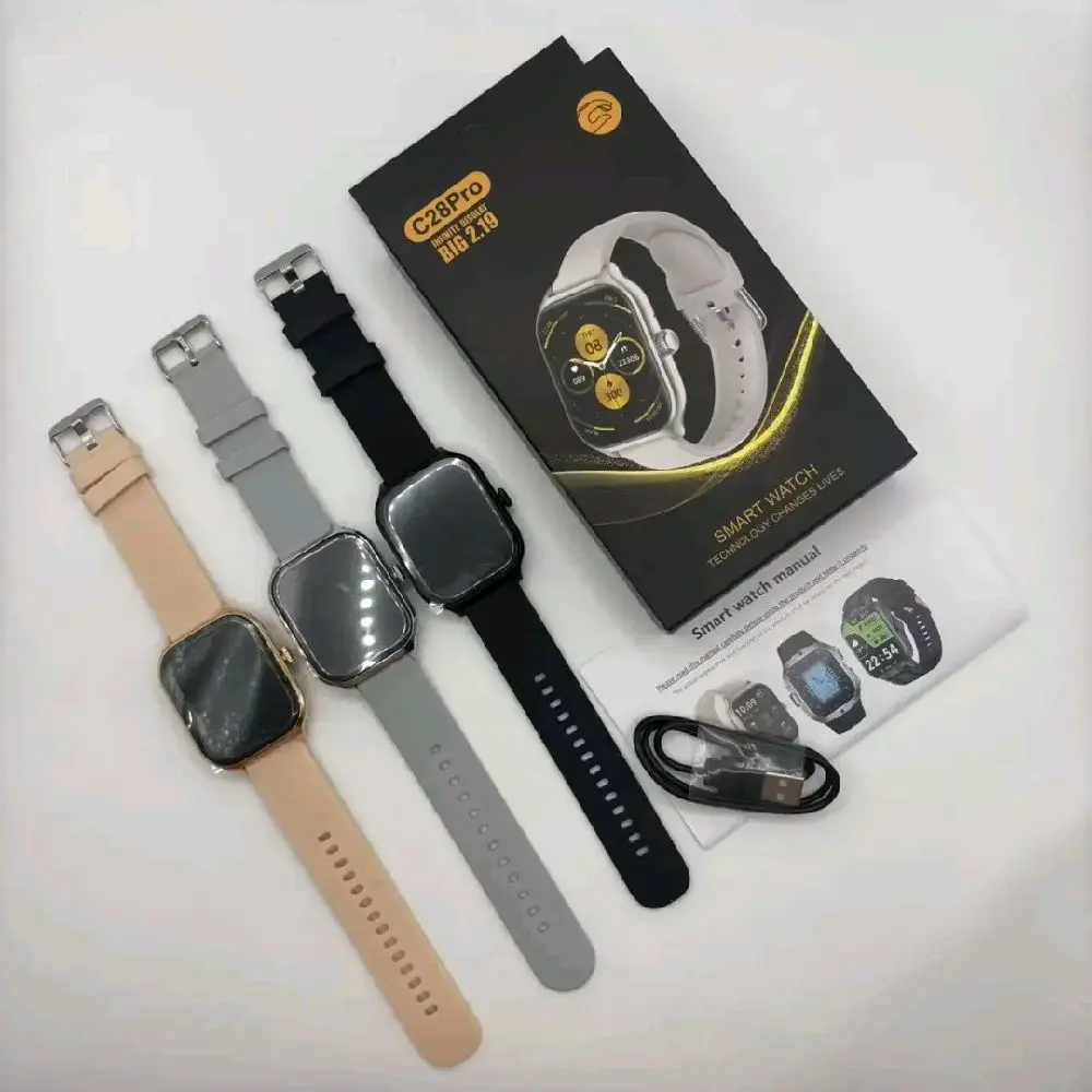 Smart Watch C28Pro with 3 Bands - Black, Gray, and Beige - Compatible with Bluetooth and USB Charging - Model C28Pro