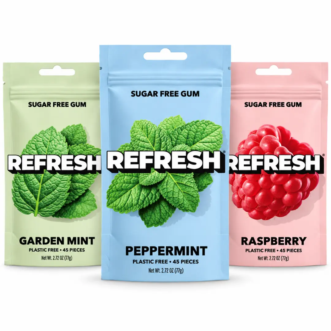 Refresh Gum Best Selling Bundle, Xylitol – Sugar Free Chewing Gum Pouch, Natural Flavor & Organic Ingredients – Long Lasting, Plant-Based, Non-GMO – 3 pack of 45 Pieces Coconut