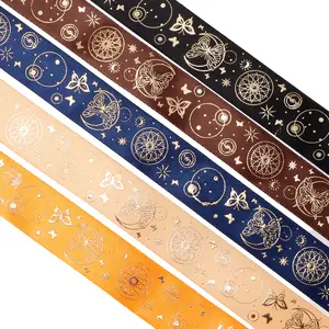 5yard/2.5cm Laser Gold Foil Star Moon Sky Satin Ribbon, Polyester Printed Decorative Ribbon, Ideal for Handmade Bow Making, DIY Parties, Multi-Color Options