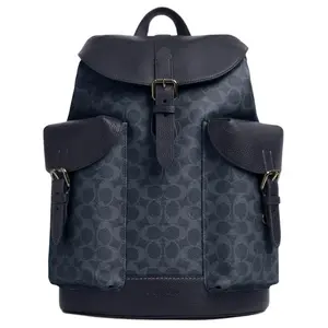 COACH Warner 31 Backpack – Classic Logo Snap Closure, Faux Leather, Genuine Leather & Fabric Blend, Men’s Regular Size, Bronze Hardware, Denim & Midnight Navy Blue