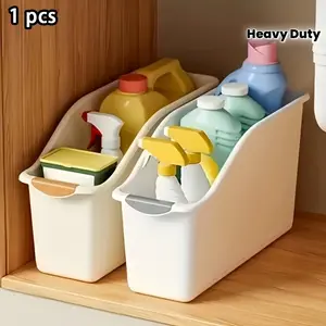 1 Curved Design Storage Organizer - Durable Plastic Storage Container, White Space-Saving Bin for Use Under Sink, Inside Pantry, and on Cabinets - Suitable for Cleaning Supplies, Household Essentials, and Kitchen/Bathroom Storage. No Assembly