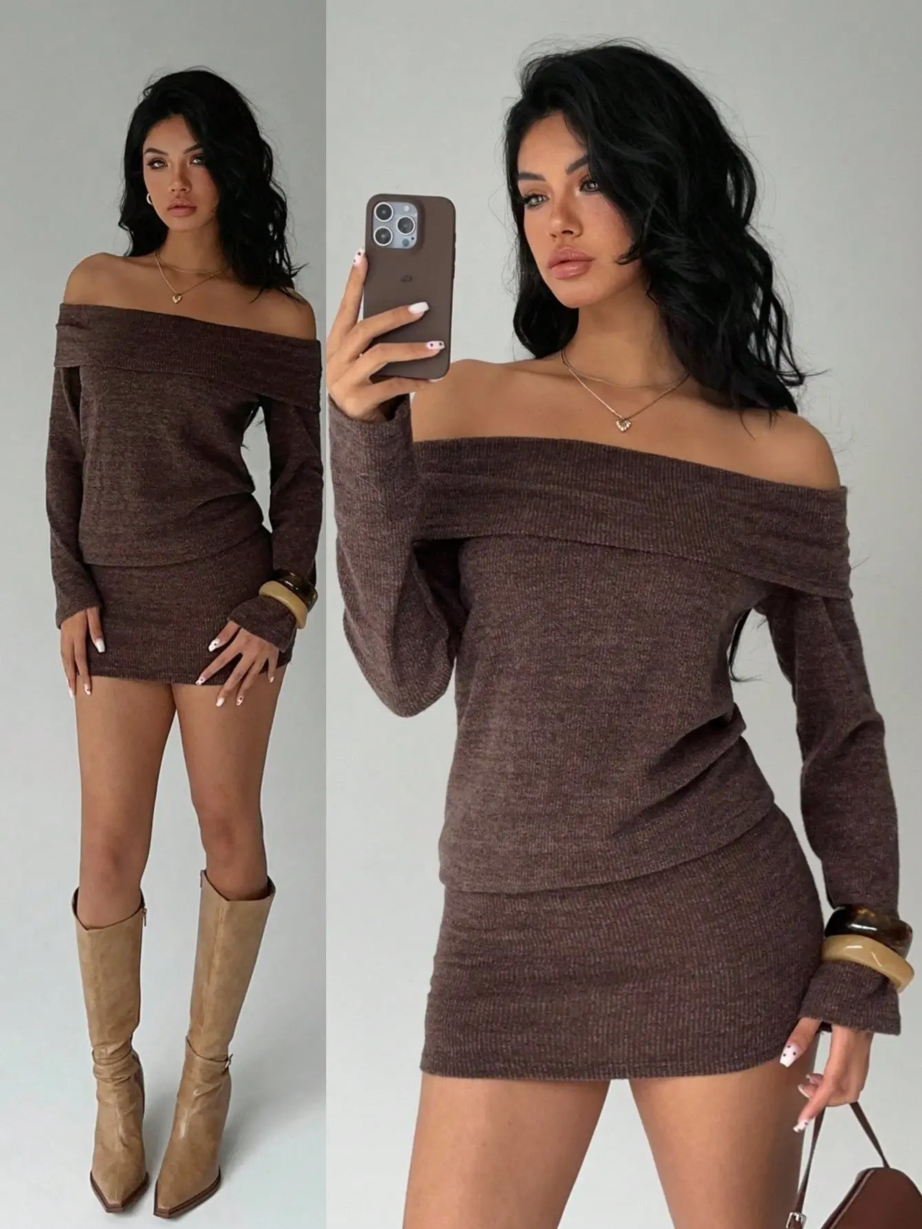 LALUZ Elegant Off-Shoulder Long Sleeve Jacquard Knit Brown Mini Dress Winter Party Holiday New Year Date Night Bodycon Fashion