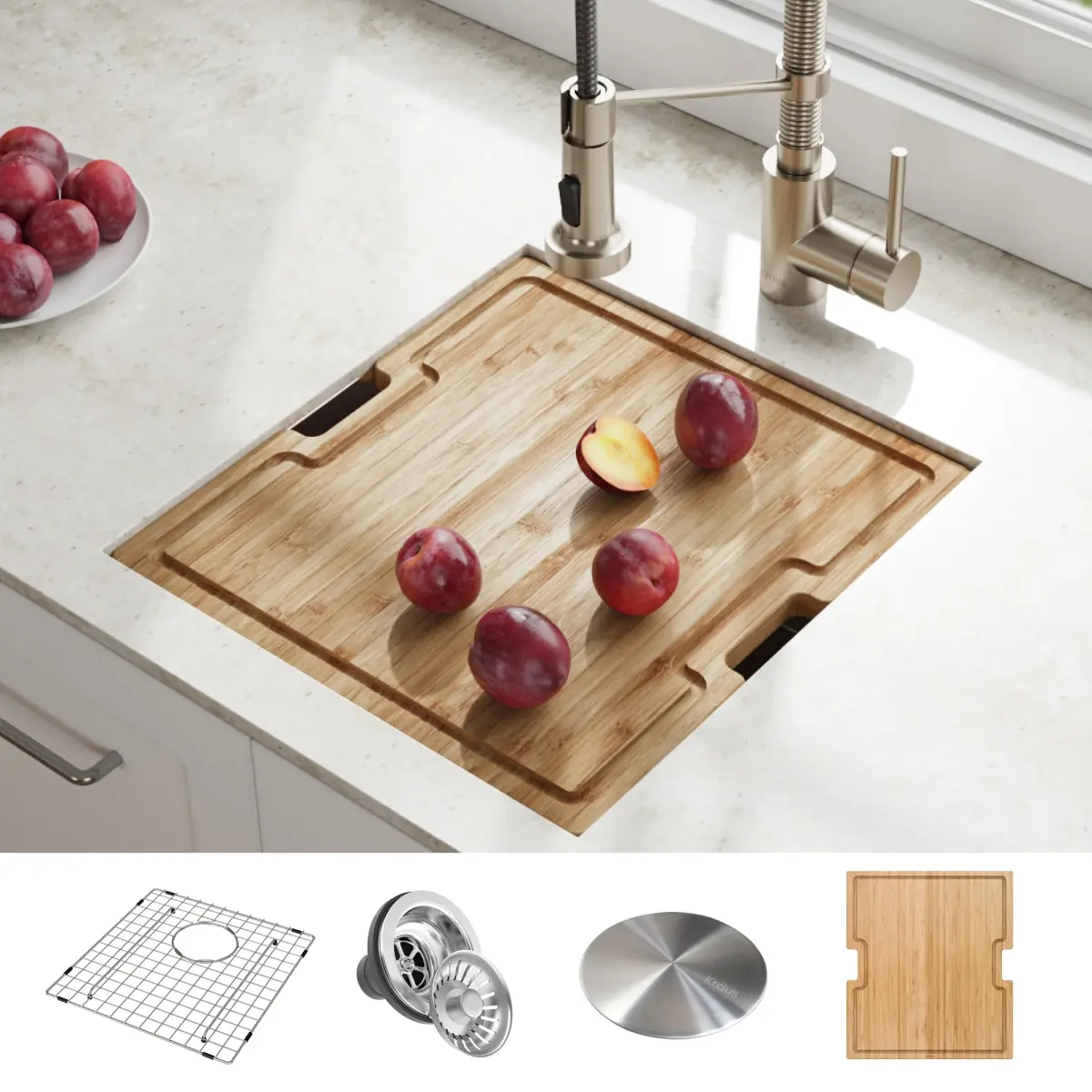 Kraus KWU111-17 17 in. Kore Workstation Undermount 16 Gauge Single Bowl Stainless Steel Bar Kitchen Sink with Accessories - Pack of 5