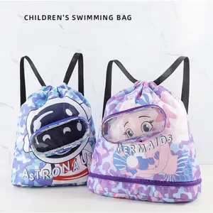 Kids Swim Bag Wet Dry Separation Backpack Waterproof Cartoon Drawstring Beach Bag for Boys Girls Toddler Sports Swimming Pool Gym Bag