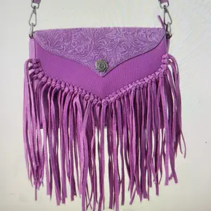 Myra Wild West Front Crossbody Bag in Purple Leather with Fringe Detail and Embossed Design for Stylish Outfits