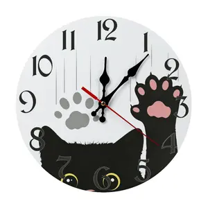 Cute Black Cat Paw Wall Clock - 10 Inch Silent Pet Lover Decor | Funny Peeking Cat Wall Clock | Adorable Black Cat Decorative Timepiece - For home, office, kitchen decor