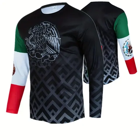Men's Mexican Culture Cycling Jersey, Cyclist Jersey, Aztec/maya Print Long Sleeve Shirt, Breathable Athletic Top, Breathable Sports Top, Sporty Sports Top, High Elastic Breathable Fabric, Sports Clothing, Ideal for Outdoor Riding & Daily Wear