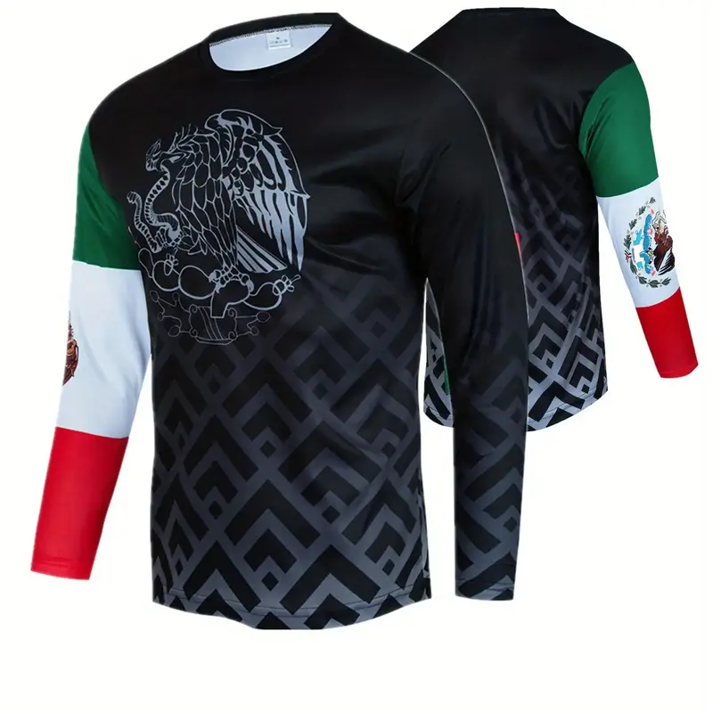 Men's Mexican Culture Cycling Jersey, Cyclist Jersey, Aztec/maya Print Long Sleeve Shirt, Breathable Athletic Top, Breathable Sports Top, Sporty Sports Top, High Elastic Breathable Fabric, Sports Clothing, Ideal for Outdoor Riding & Daily Wear