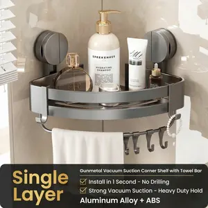 Gun Gray Aluminum Triangle Suction Cup Shower Caddy – 3-Tier Corner Bathroom Shelf with 6 Hooks & Towel Bar, No Drill Organizer