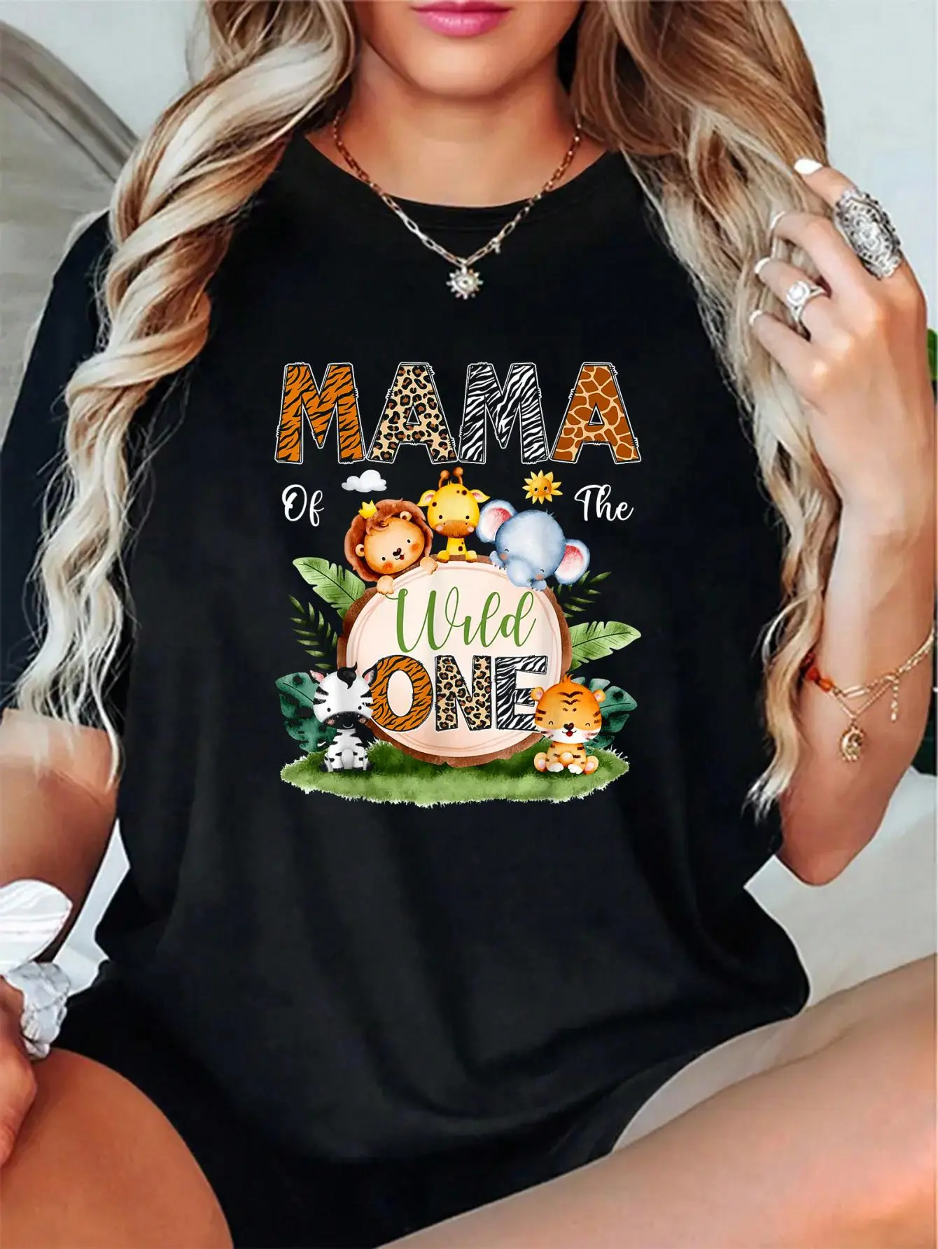 100% Cotton Unisex Mama Of The Wild One 1St Birthday Kids Safari Jungle T-Shirt -Short Sleeve T-Shirt Women's Men's Graphic Tee Causal Tops