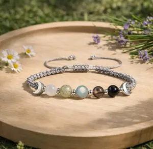 Moon Phase Crystal Bracelet Healing 5-Stone Woven Jewelry Energy Protection Black Obsidian Smoky Quartz Labradorite  Moonstone Selenite
