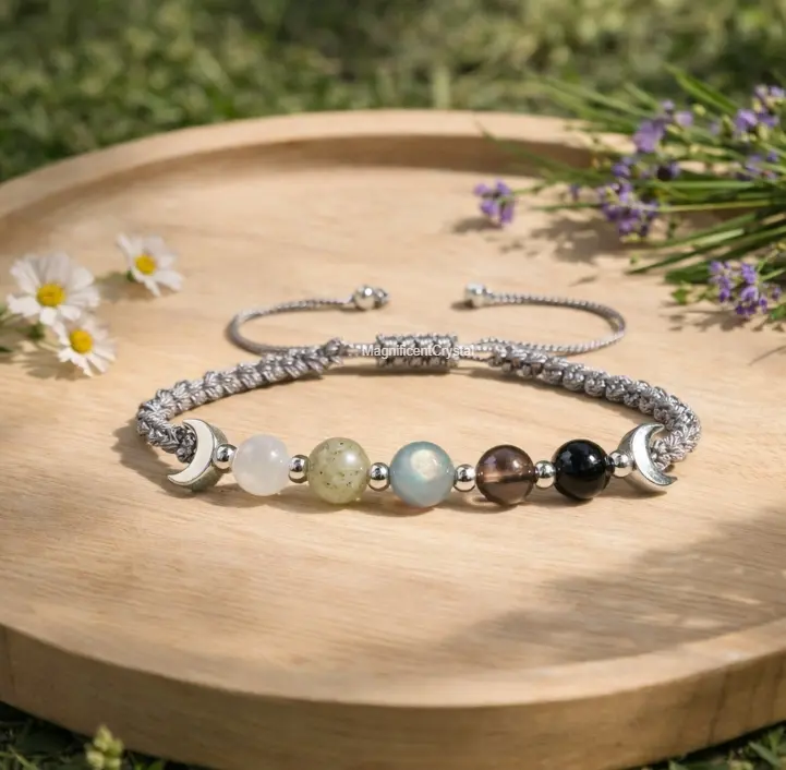Moon Phase Crystal Bracelet, 5-Stone Woven Costume Jewelry with Crystal Stones for Energy Shielding & Daily Wear - Black Obsidian, Smoky Quartz, Labradorite, Moonstone, Selenite