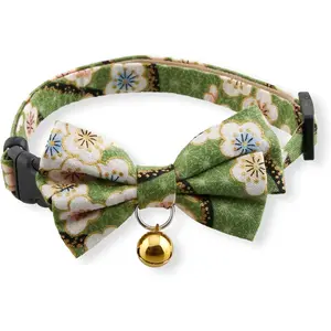 Hanami Bow Tie Cat Collar (Green) with bell safety breakaway soft lightweight for cats kitty kitten Japanese stylish pattern, No.1 Seller in Japan