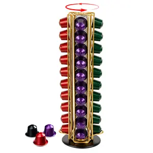 360° Rotating Coffee Pod Stand | Holds 40 Capsules | Space-Saving Countertop Organizer Rack with Silent Spin, Durable & Modern Design (Golden)