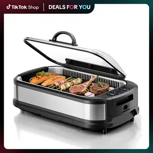 Kismile Smokeless Indoor Grill, 1500W Electric Grill Indoor with Tempered Glass Lid, Non-Stick Korean BBQ Grill with 6-Level Temp Control, Dual-Turbo Smoke Extractor, Drip Tray & Dishwasher-Safe Parts