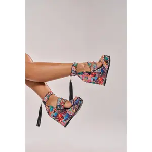 AKIRA GOLD ZANIA BUTTERFLY MULTI PRINT FRINGE EMBELLISHED WEDGE SANDAL