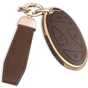 for Hyundai Key Fob Cover with Key Chain, Upper Leather + Soft TPU Car Key Case for Hyundai Ioniq 6 Grandeur GN7 KONA Elanrtra Santa Fe Tucson (2023-2025) Sonata (Brown, 5 Buttons)