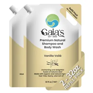 GAIA'S Premium Natural Shampoo and Body Wash Vanilla Voila, Refill Size, 64 oz (32 oz X 2) Tear-Free, No Added Colors, Organic and Natural Ingredients, Biodegradable Packaging, No Sulfates