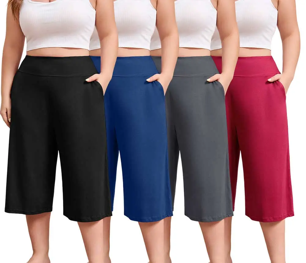 FEREMO Women’s Plus Size Capri Pajama Pants Soft Breathable Stretchy Wide Leg Lounge Sleep Pants with Pockets Fit Fabric
