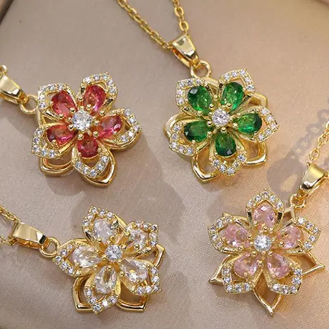 360 Degree Rotatable Flower Design Pendant Necklace, Artificial Gemstone Decorative Necklace for Women for Gift, Fashion Jewelry Accessories for Daily Wear, Charm Necklace, Zircon Gemstone Necklace, Accessory Necklace, Chic Gorgeous Jewelry